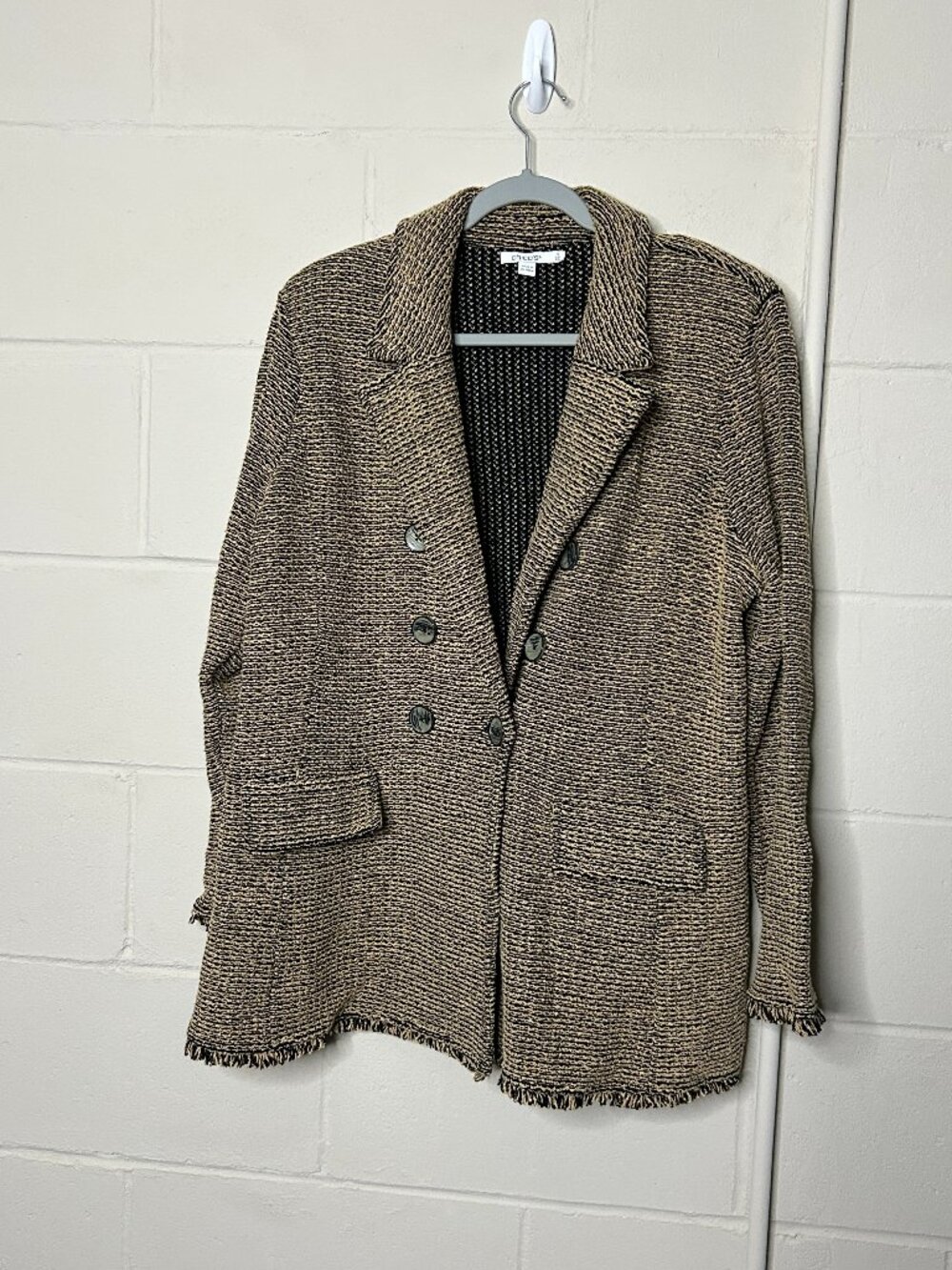 Chicos Blazer Womens XXL Size 4 One Button Boucle Knit Fringe Double Breasted